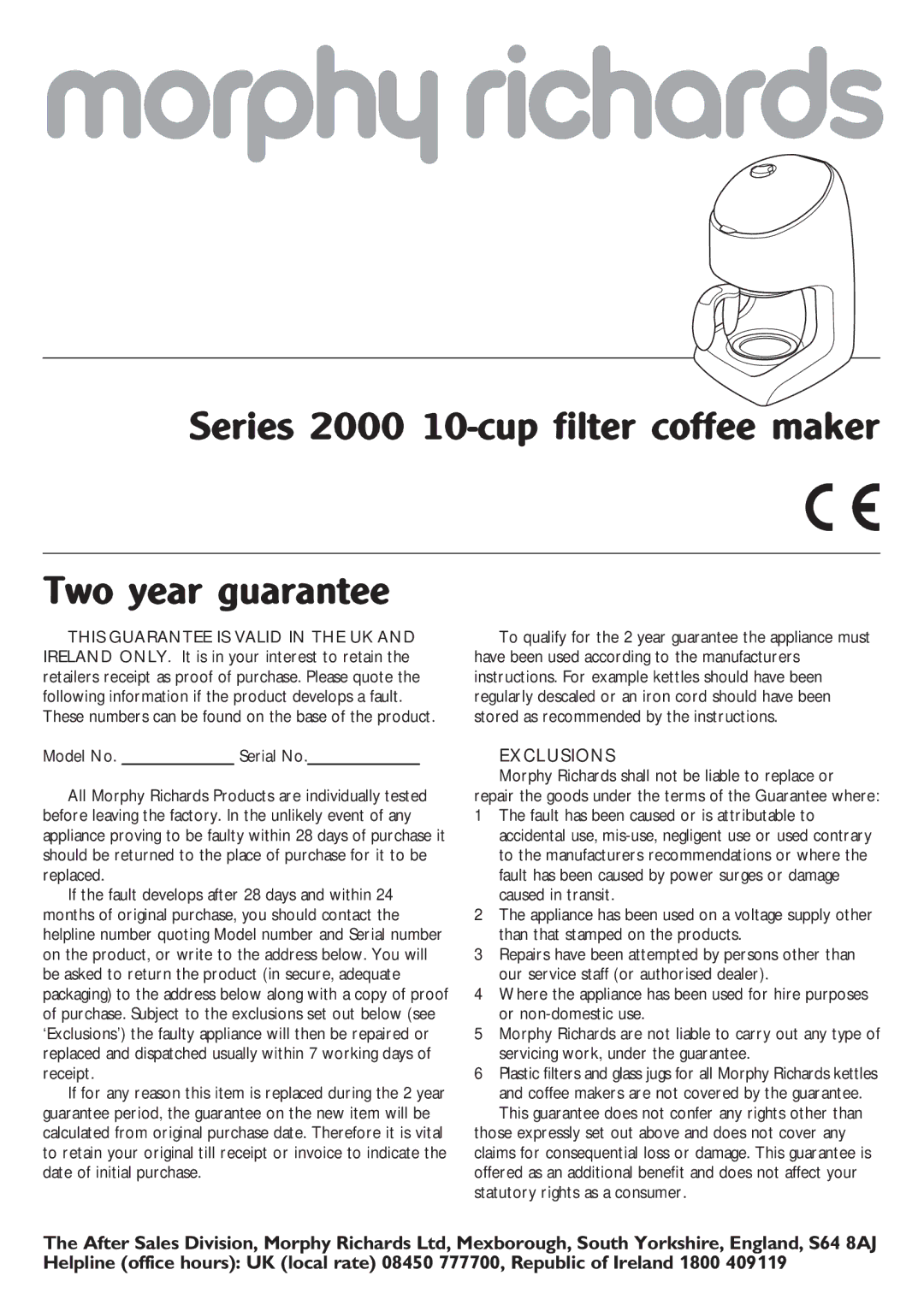 Morphy Richards manual Series 2000 10-cup filter coffee maker Two year guarantee, Exclusions 