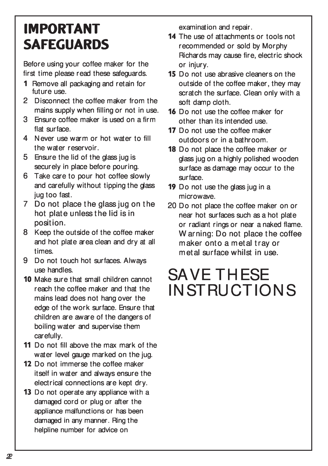 Morphy Richards Series 2000 manual Safeguards, Save These Instructions 