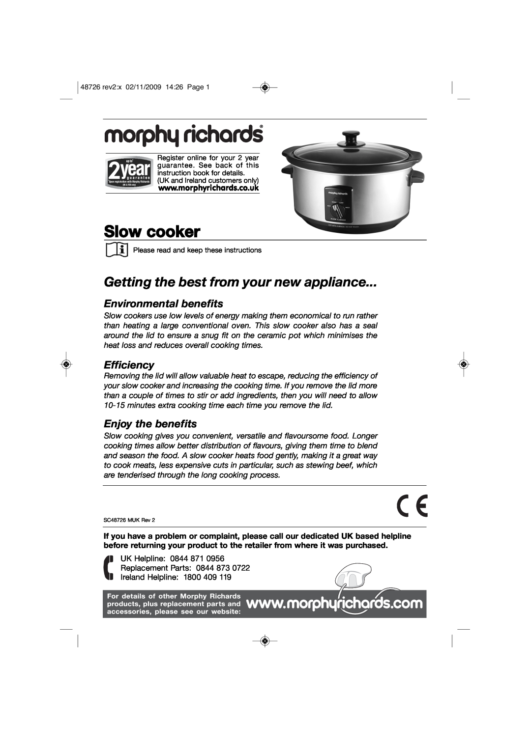 Morphy Richards Slow Cooker manual Slow cooker, Getting the best from your new appliance, Environmental benefits 