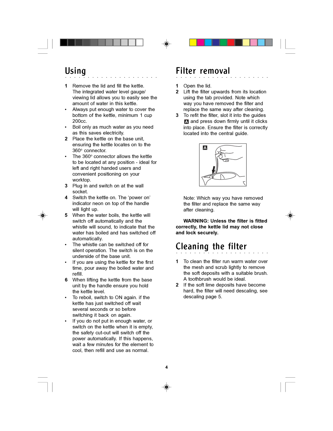 Morphy Richards Soprano kettle manual Using, Filter removal, Cleaning the filter 