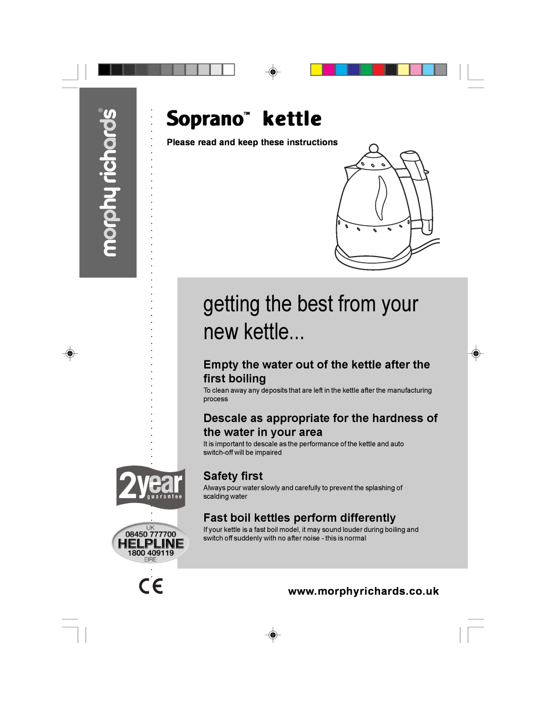 Morphy Richards Soprano kettle manual getting the best from your new kettle, SopranoTM kettle, Safety first 