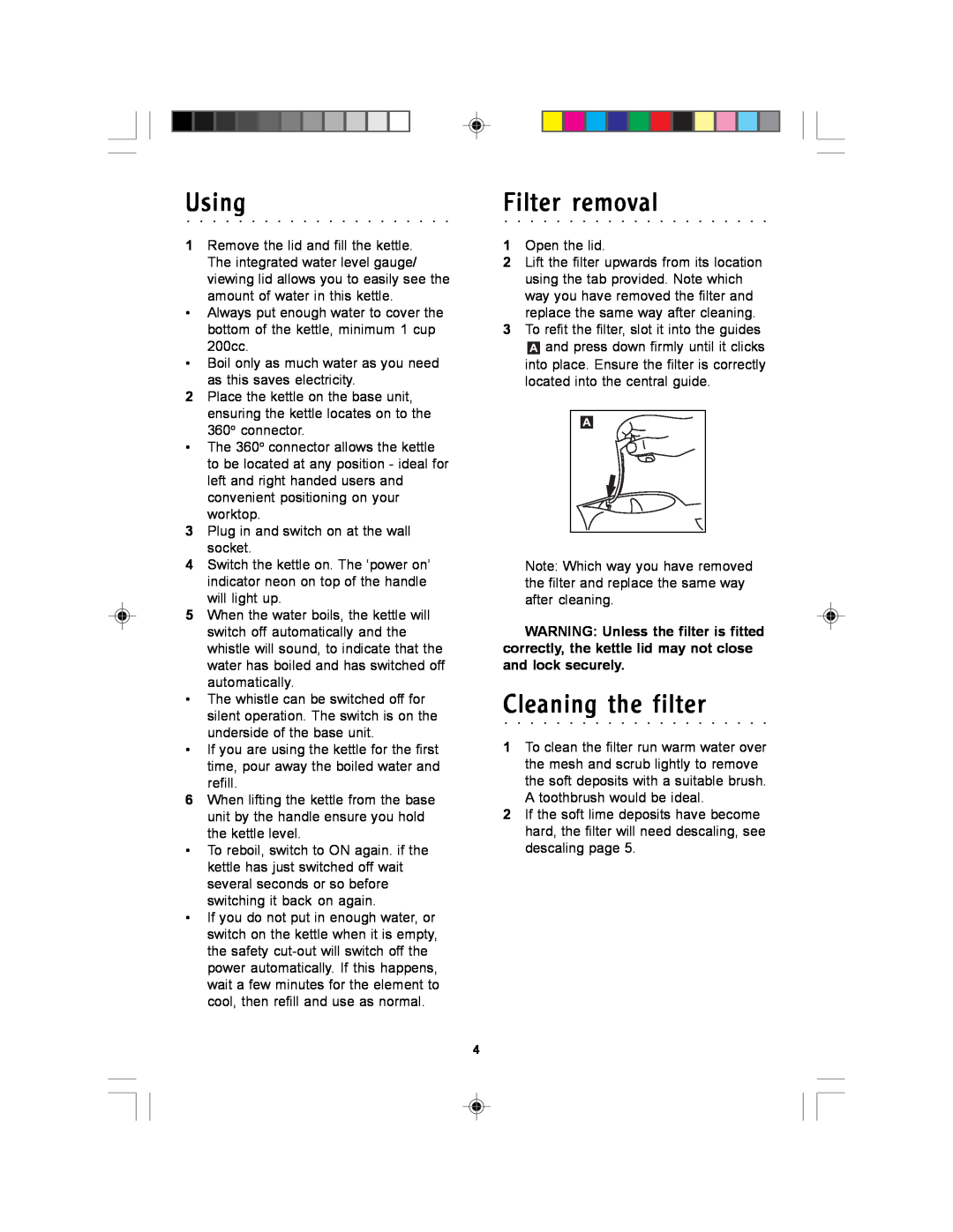 Morphy Richards Soprano kettle manual Using, Filter removal, Cleaning the filter 