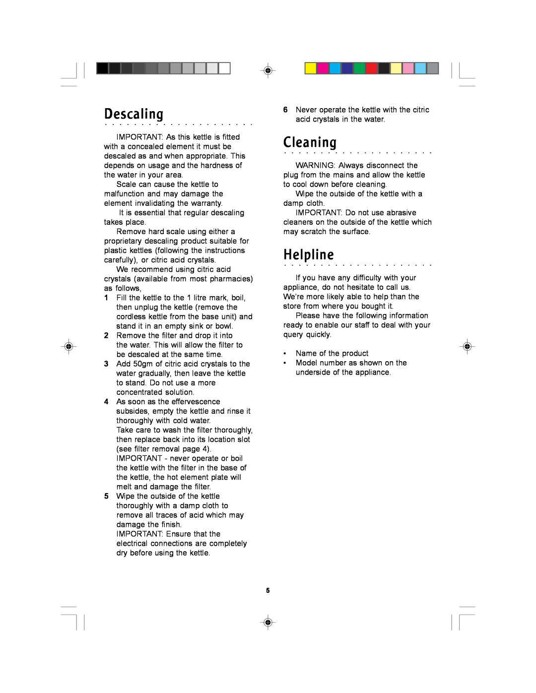 Morphy Richards Soprano kettle manual Descaling, Cleaning, Helpline 