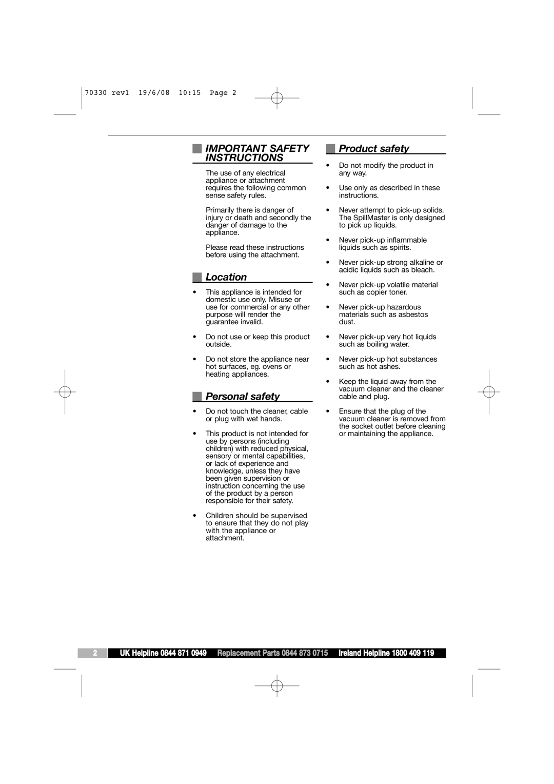 Morphy Richards SpillMaster manual Location, Personal safety, Product safety 