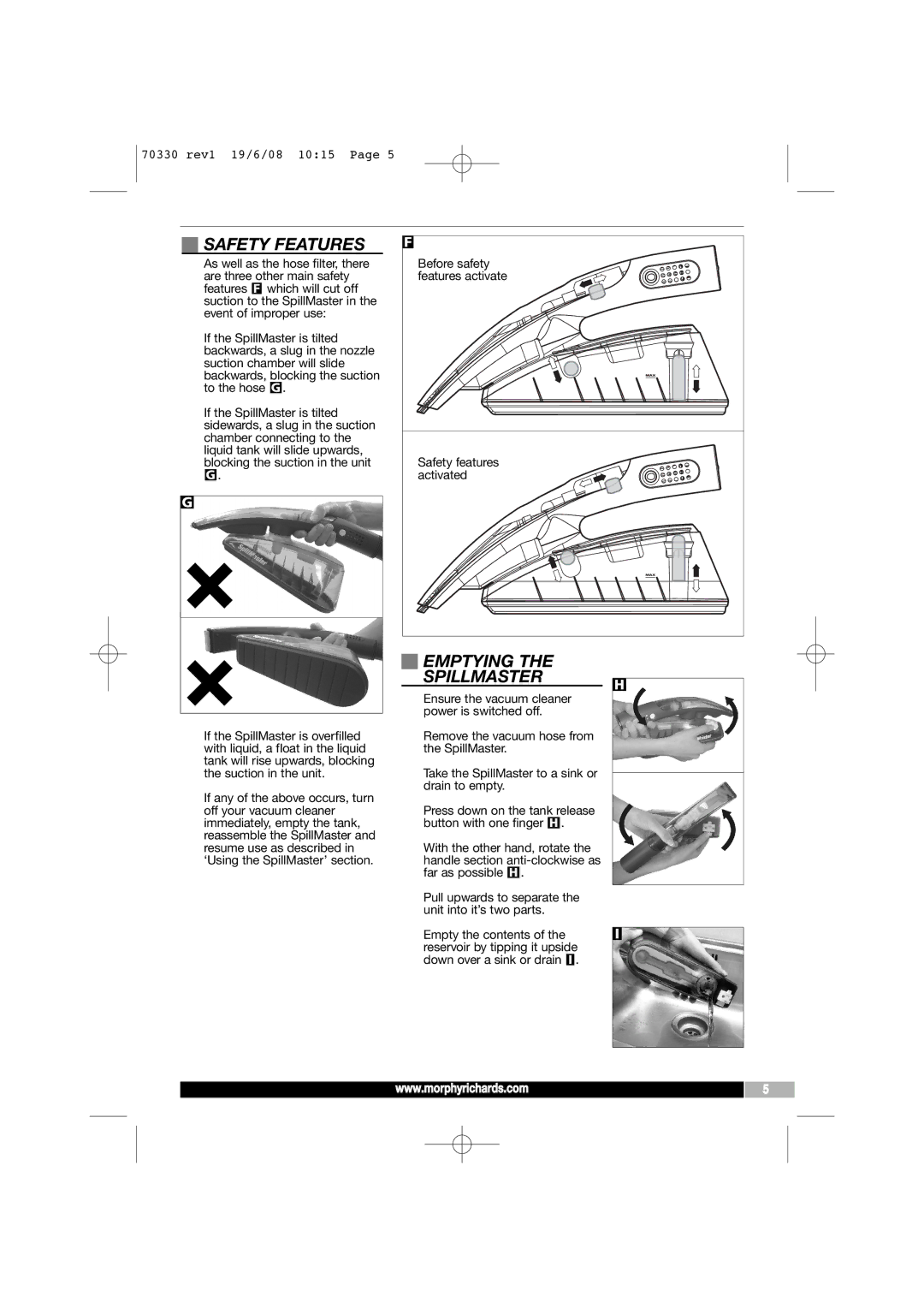 Morphy Richards SpillMaster manual Safety Features, Emptying Spillmaster 