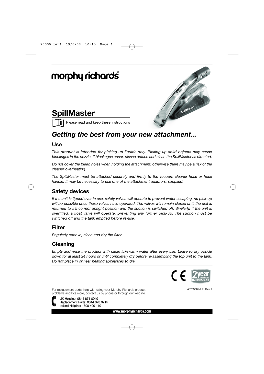 Morphy Richards SpillMaster manual Getting the best from your new attachment, Safety devices, Filter, Cleaning 