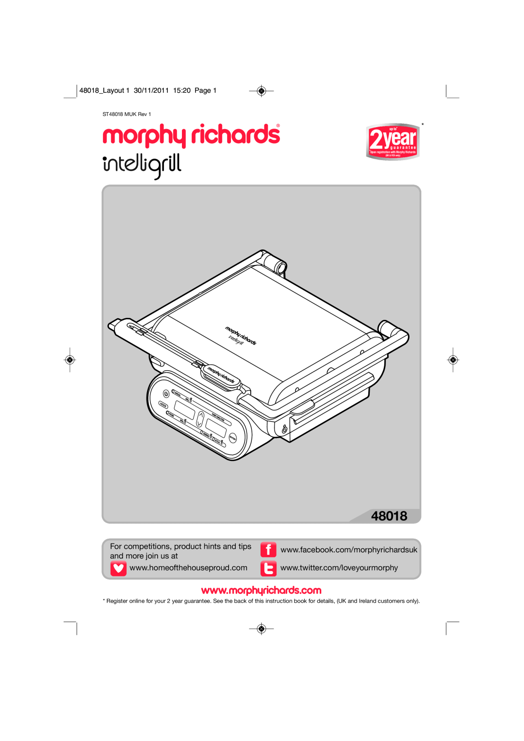 Morphy Richards ST48018 MUK Rev 1 manual Layout 1 30/11/2011 15 20 Page, Upon registration with Morphy Richards, Minutes 