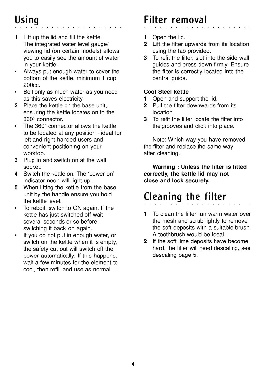 Morphy Richards Stainless steel kettle manual Using, Filter removal, Cleaning the filter 