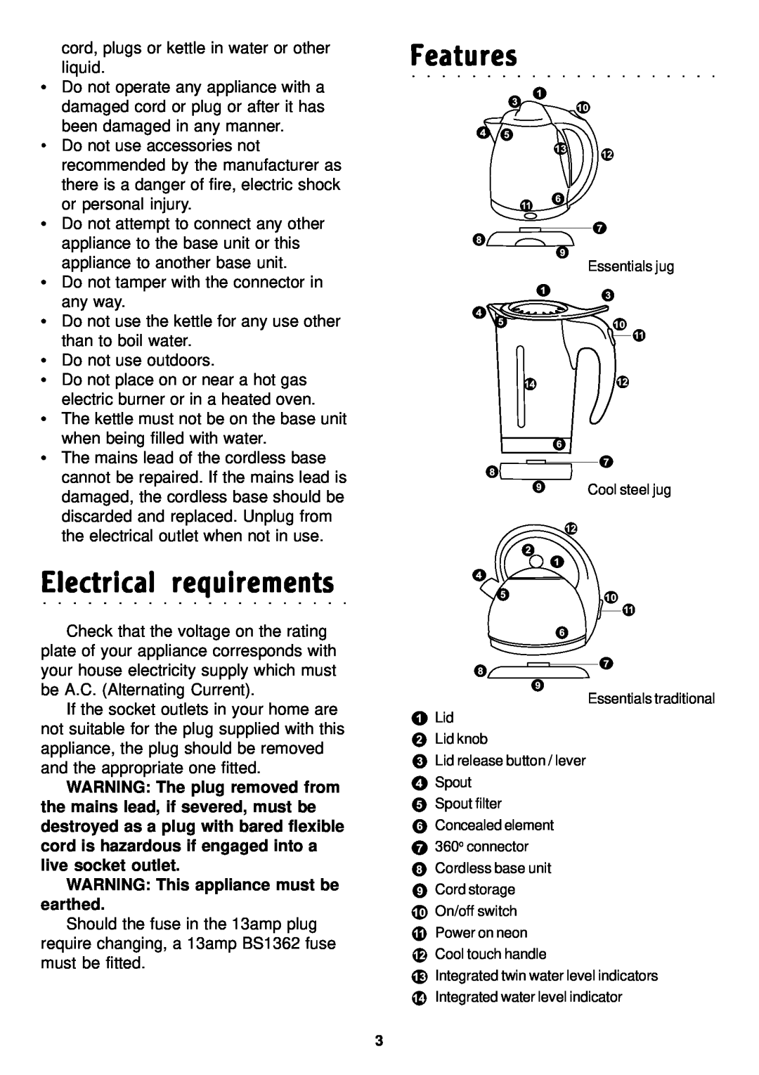 Morphy Richards Stainless steel kettle manual WARNING This appliance must be earthed, Electrical requirements, Features 