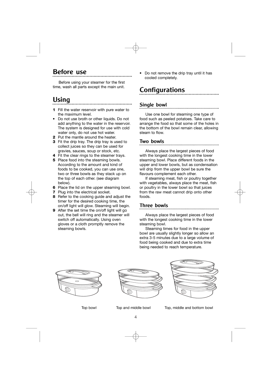 Morphy Richards Stainless steel steamer manual Before use, Using, Configurations 