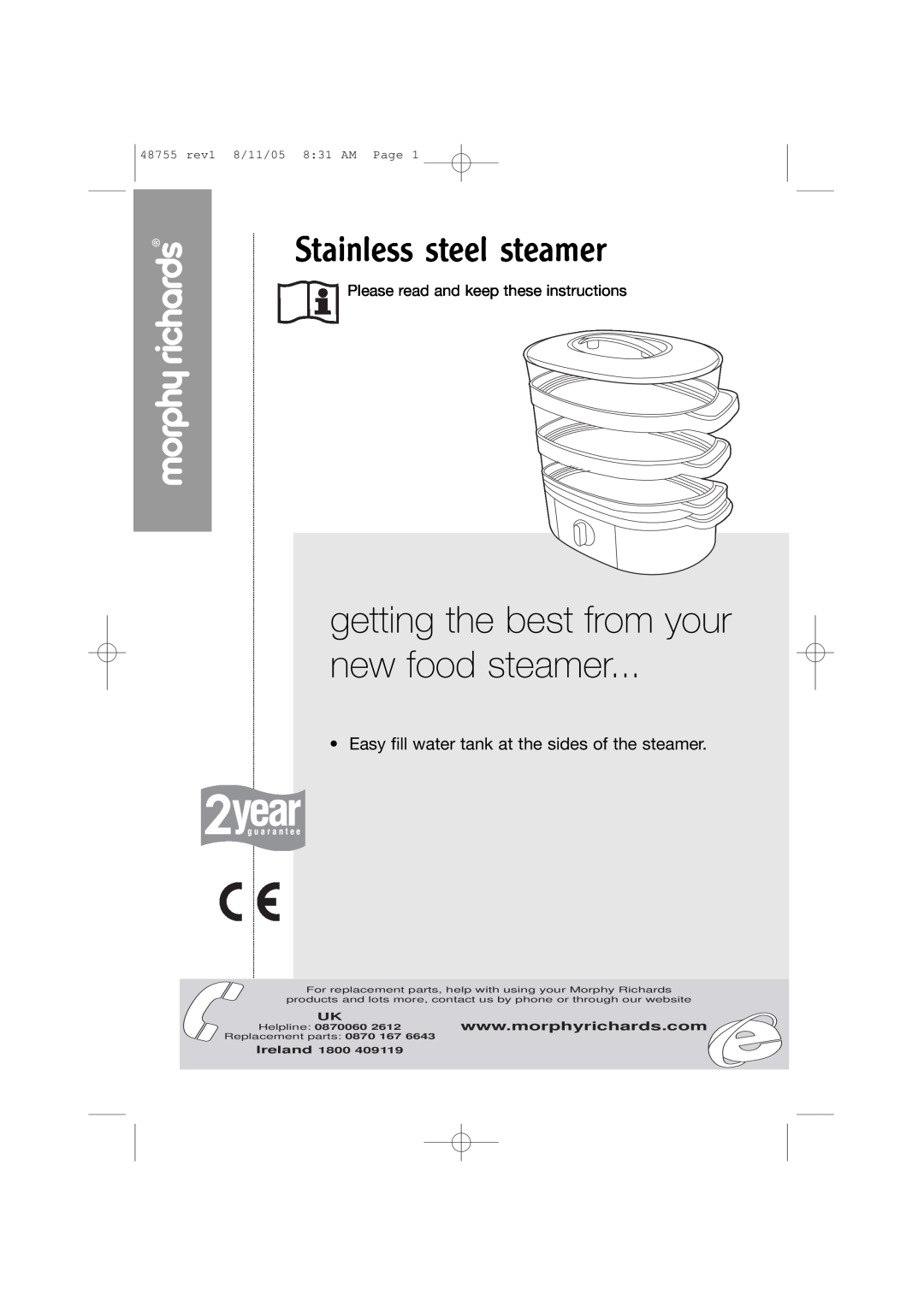 Morphy Richards Stainless steel steamer manual getting the best from your new food steamer, Ireland, Helpline, 6643 