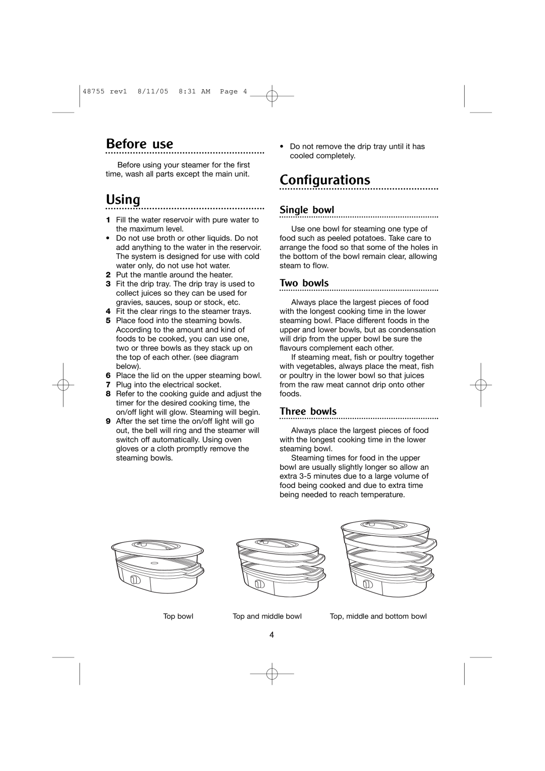 Morphy Richards Stainless steel steamer manual Before use, Using, Configurations, Single bowl, Two bowls, Three bowls 