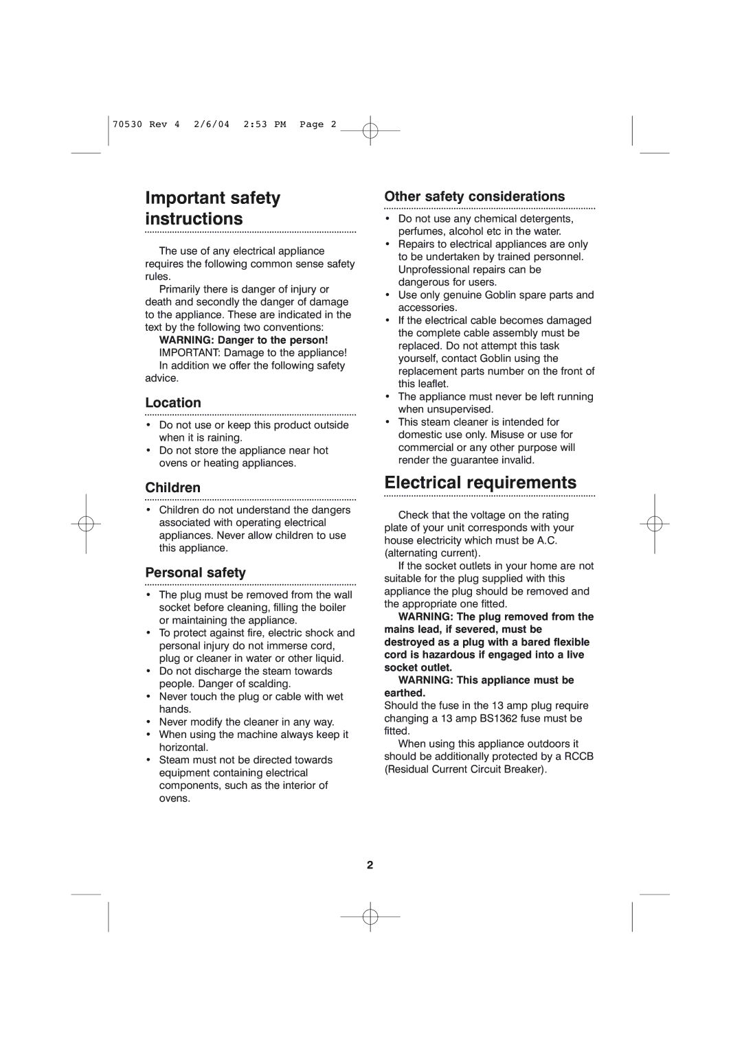 Morphy Richards Steam cleaner quick start Important safety instructions, Electrical requirements 