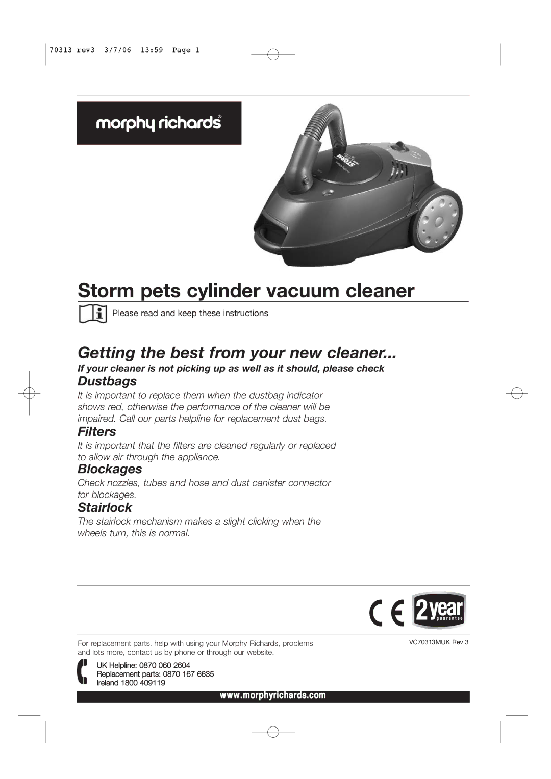 Morphy Richards Storm pets cylinder vacuum cleaner manual 