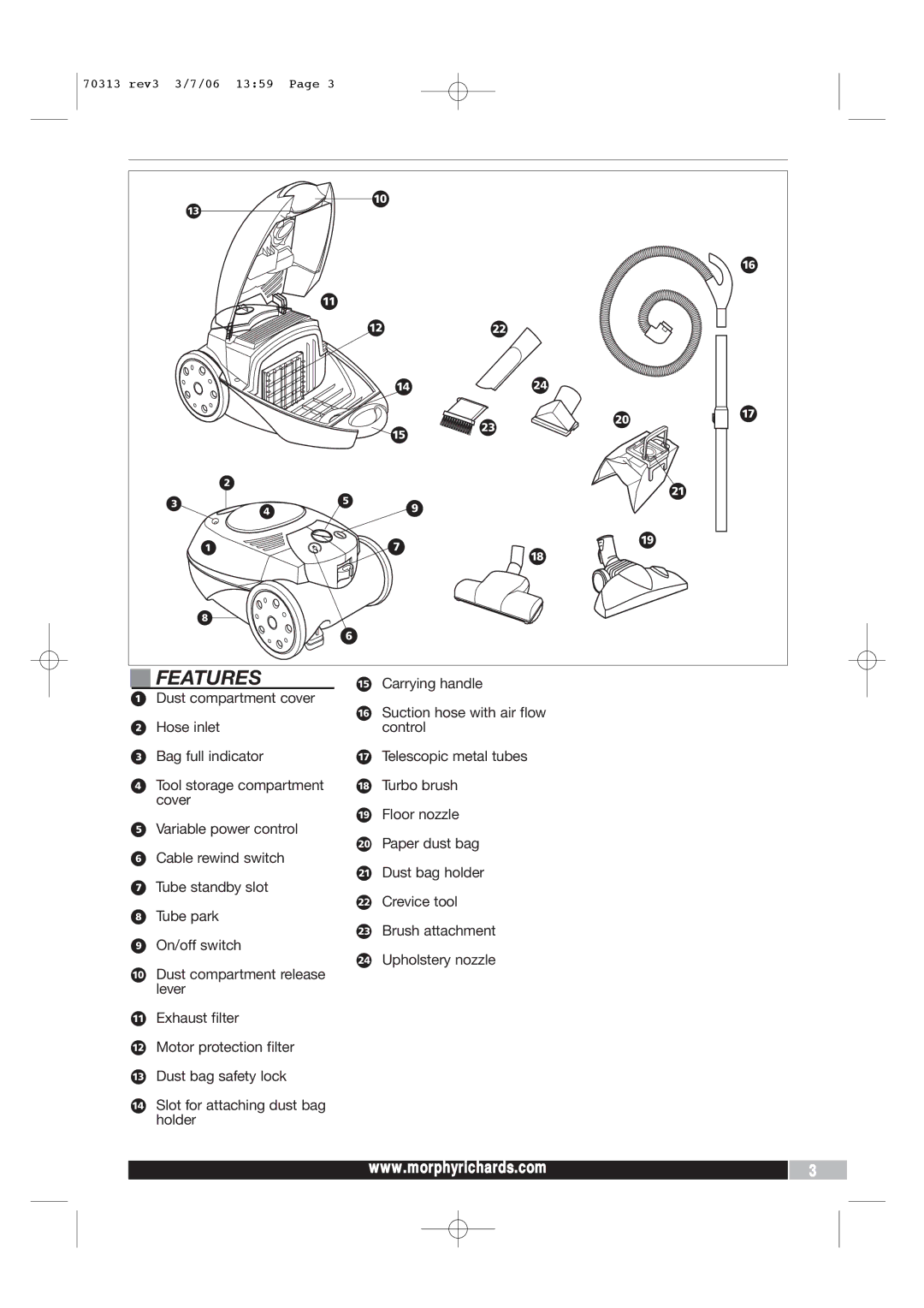 Morphy Richards Storm pets cylinder vacuum cleaner manual Features 