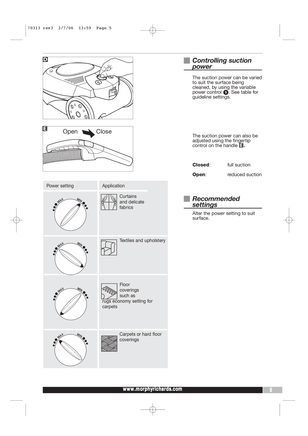 Morphy Richards Storm pets cylinder vacuum cleaner manual Controlling suction power, Recommended settings 