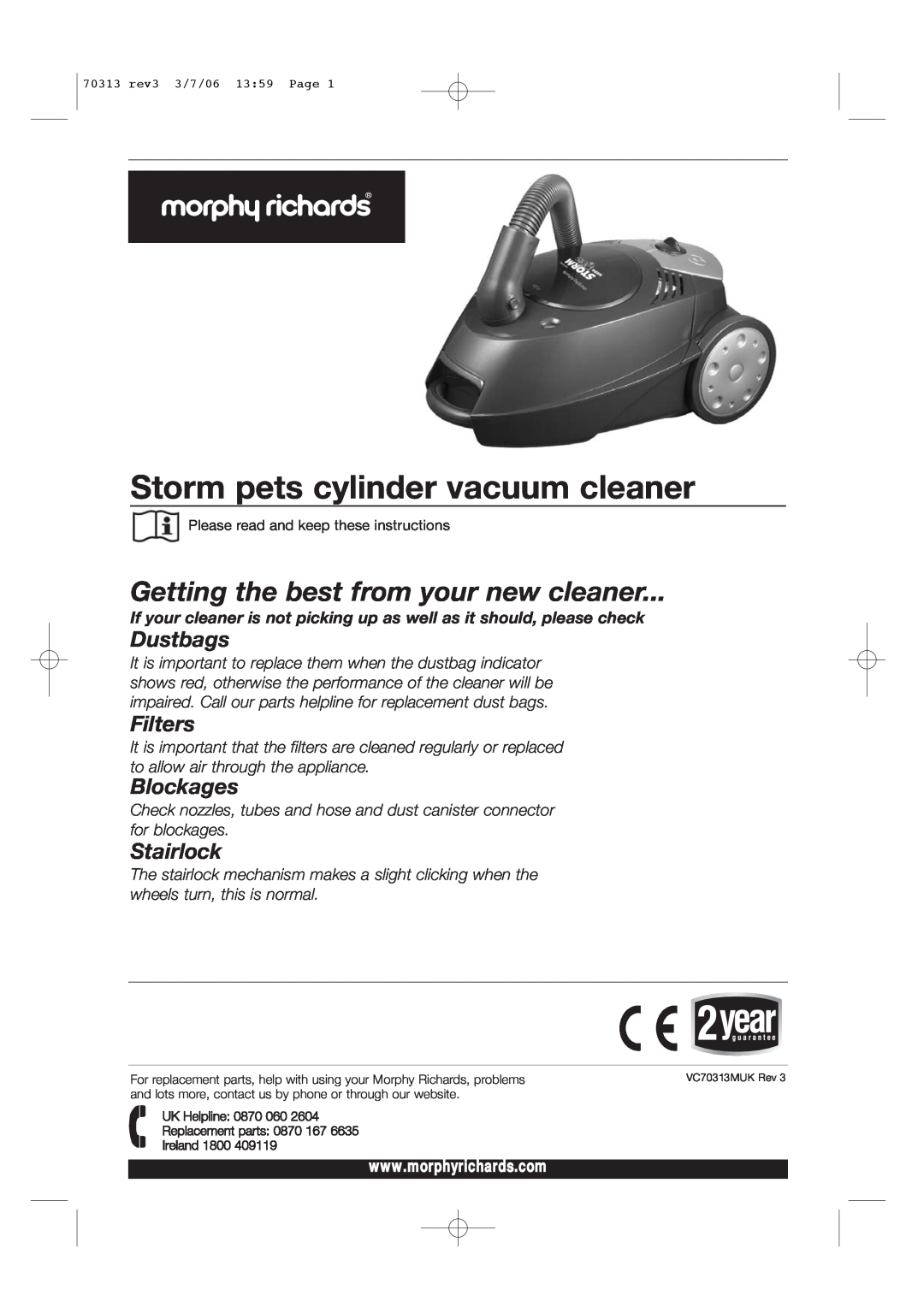 Morphy Richards Storm pets cylinder vacuum cleaner manual Getting the best from your new cleaner, Dustbags, Filters 