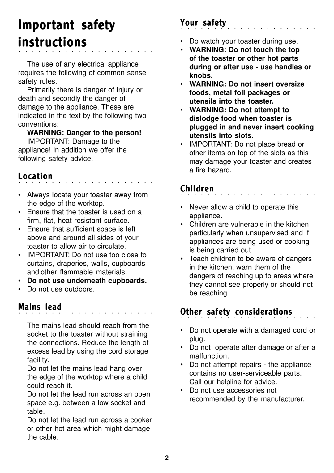 Morphy Richards Toaster manual Important safety instructions 