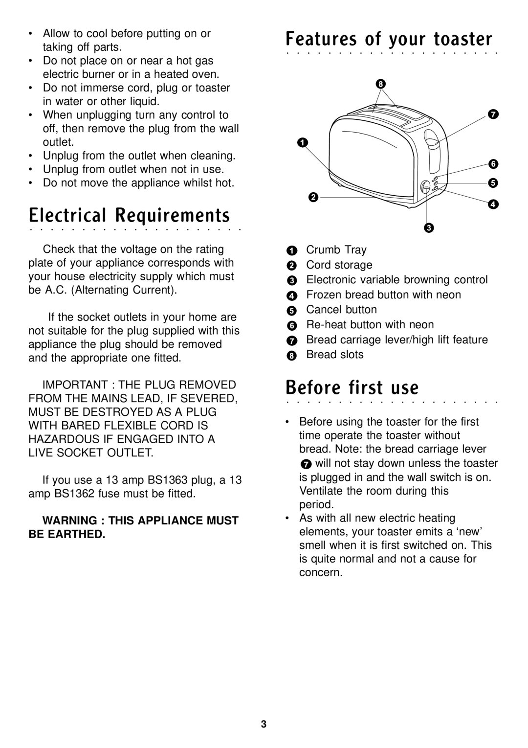 Morphy Richards Toaster manual Electrical Requirements, Features of your toaster, Before first use 