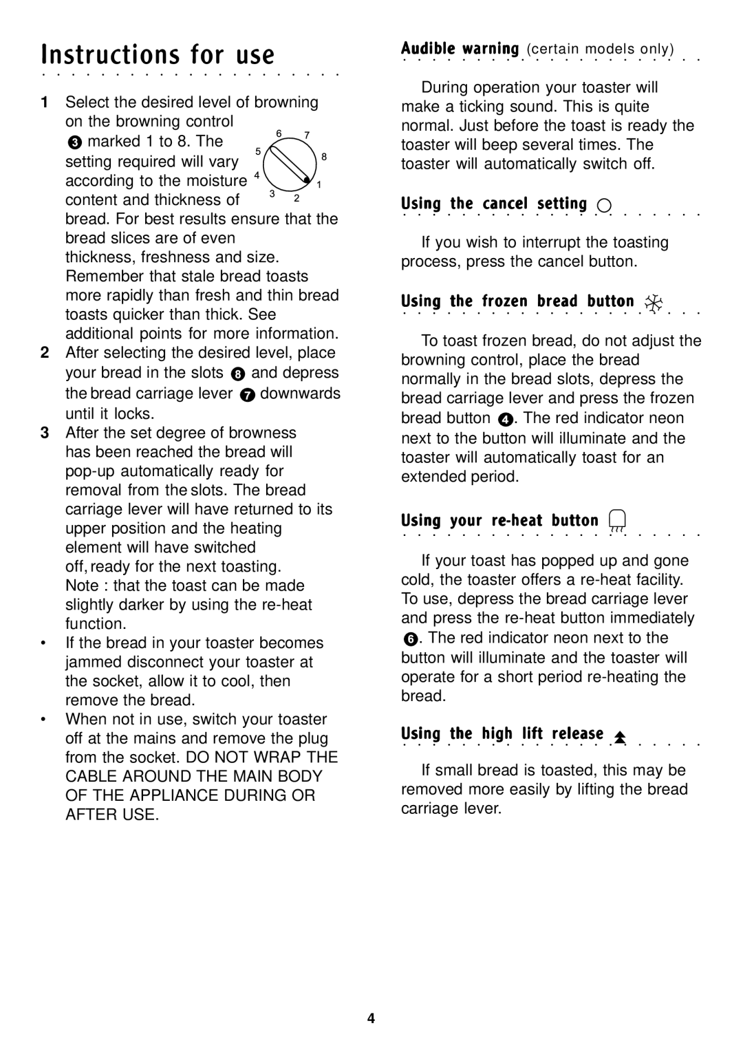 Morphy Richards Toaster manual Instructions for use, Using the cancel setting, Using the frozen bread button 