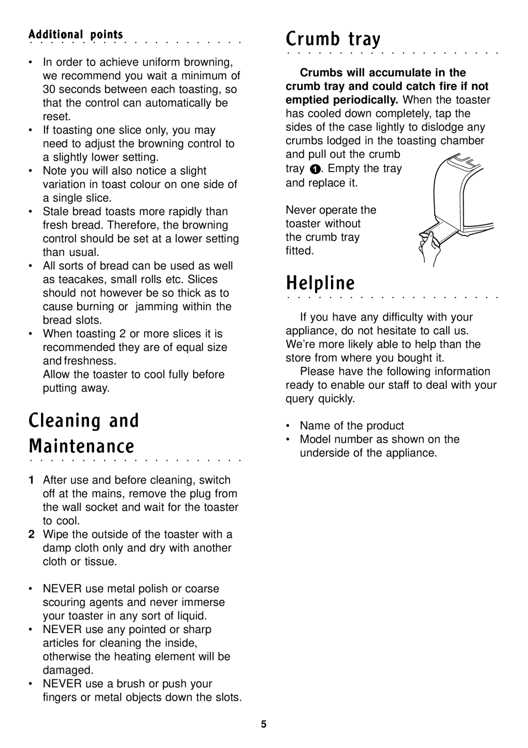 Morphy Richards Toaster manual Cleaning Maintenance, Crumb tray, Helpline, Additional points 