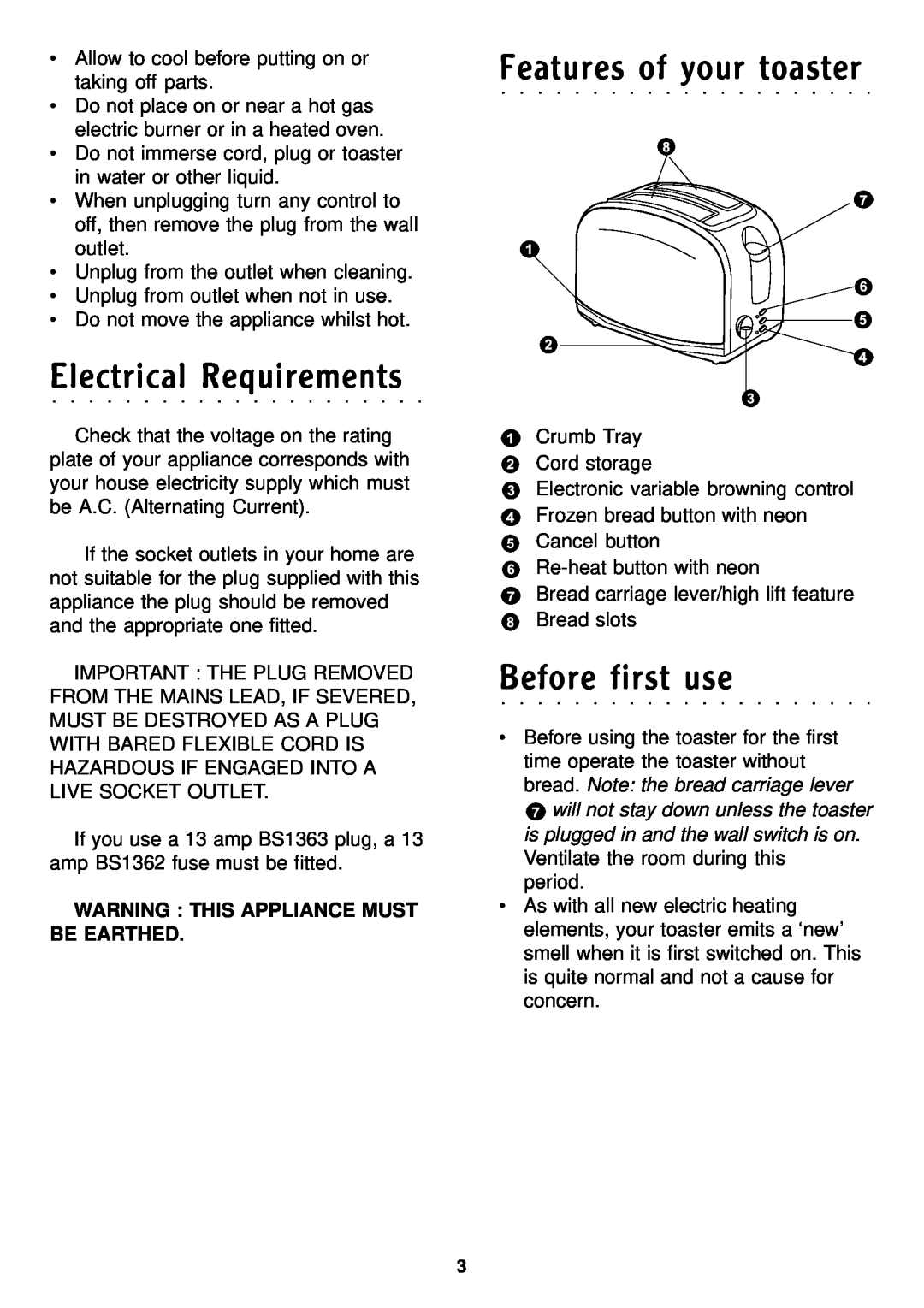 Morphy Richards Toaster manual Electrical Requirements, Features of your toaster, Before first use 