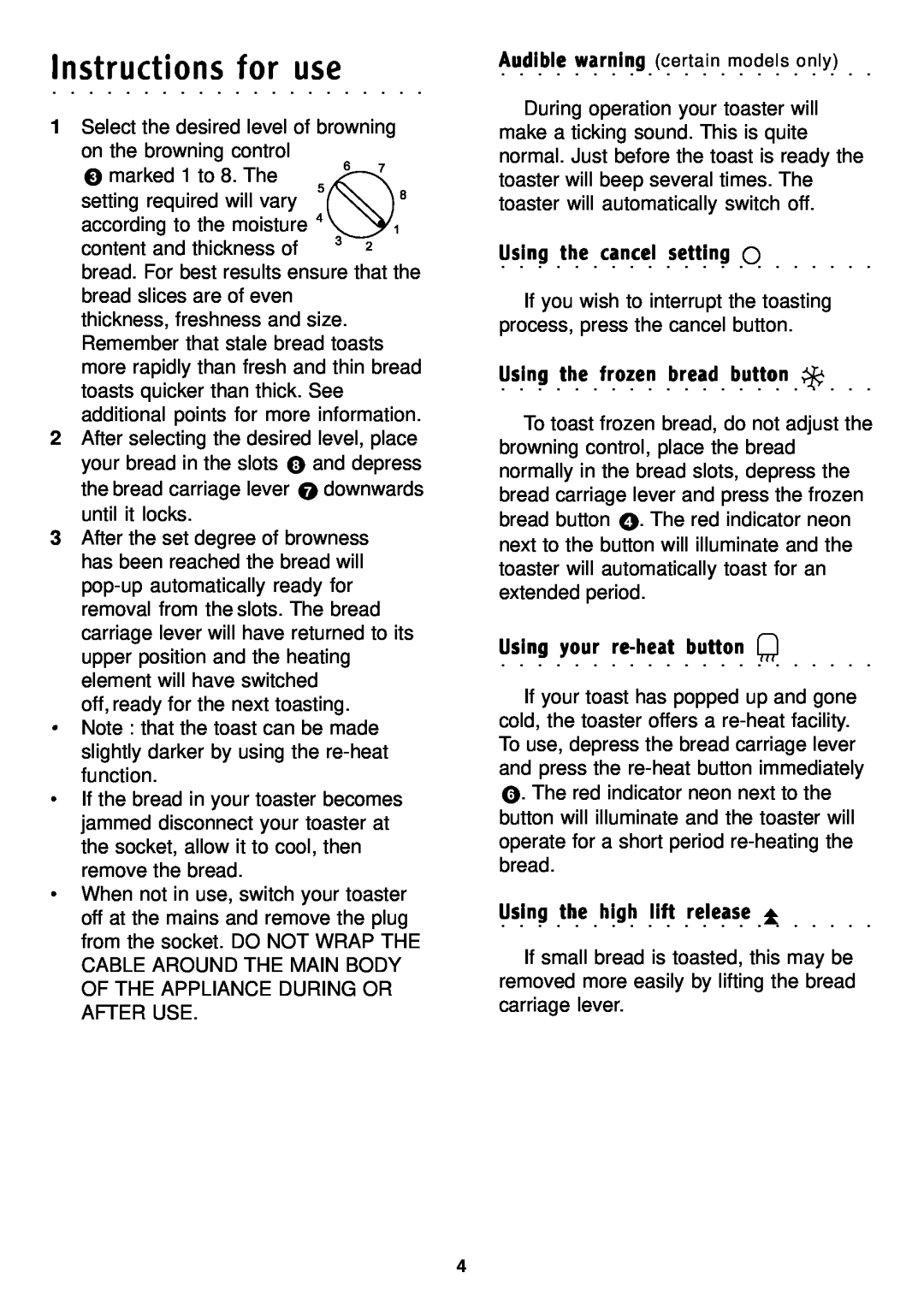 Morphy Richards Toaster manual Instructions for use, Using the cancel setting, Using the frozen bread button 