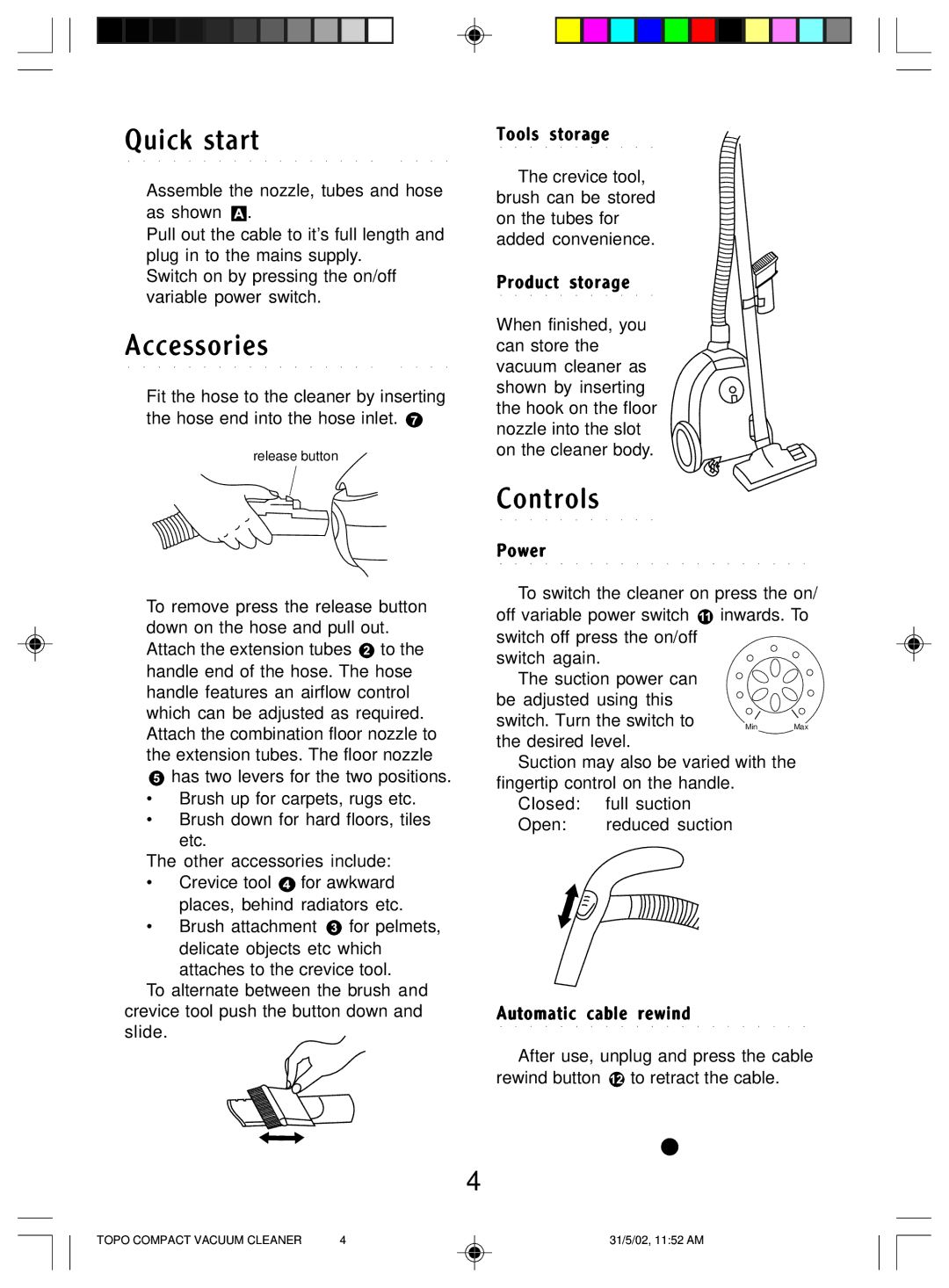 Morphy Richards Topo compact vacuum cleaner manual Quick start, Accessories, Controls 