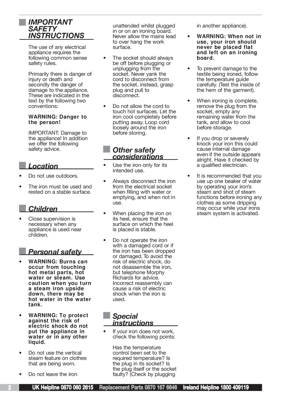 Morphy Richards Turbo steam iron steam manual Safety, Instructions 