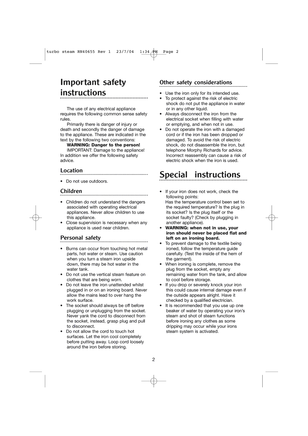 Morphy Richards Turbo steam iron manual Important safety instructions, Special instructions 