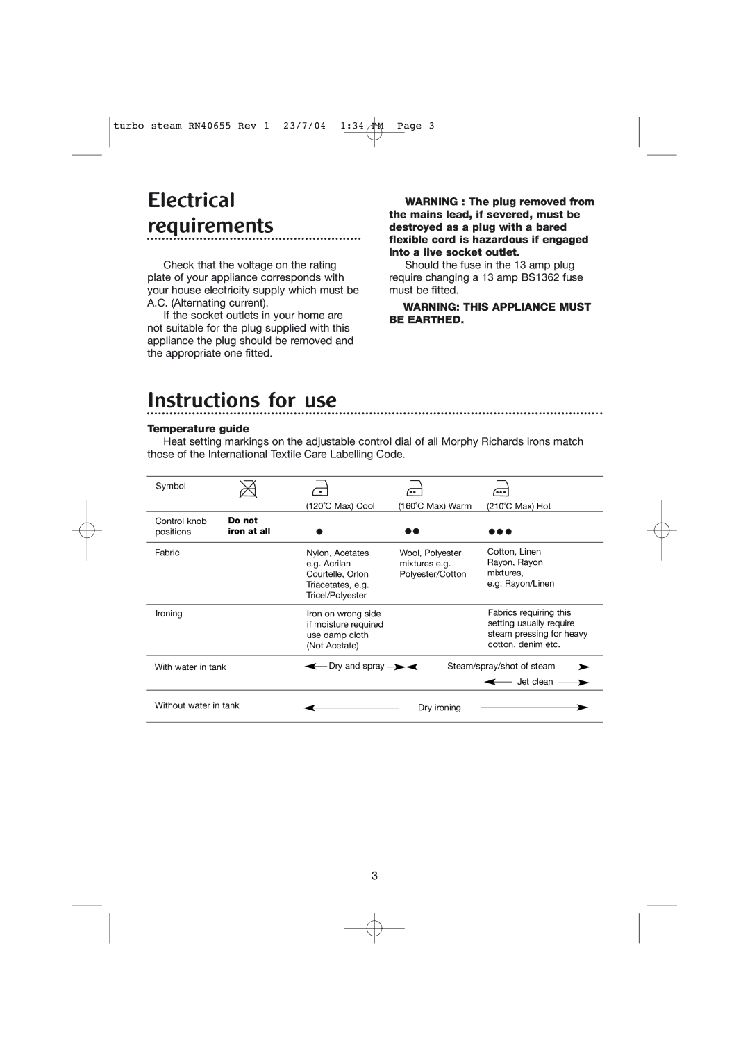 Morphy Richards Turbo steam iron manual Electrical requirements, Instructions for use, Temperature guide 