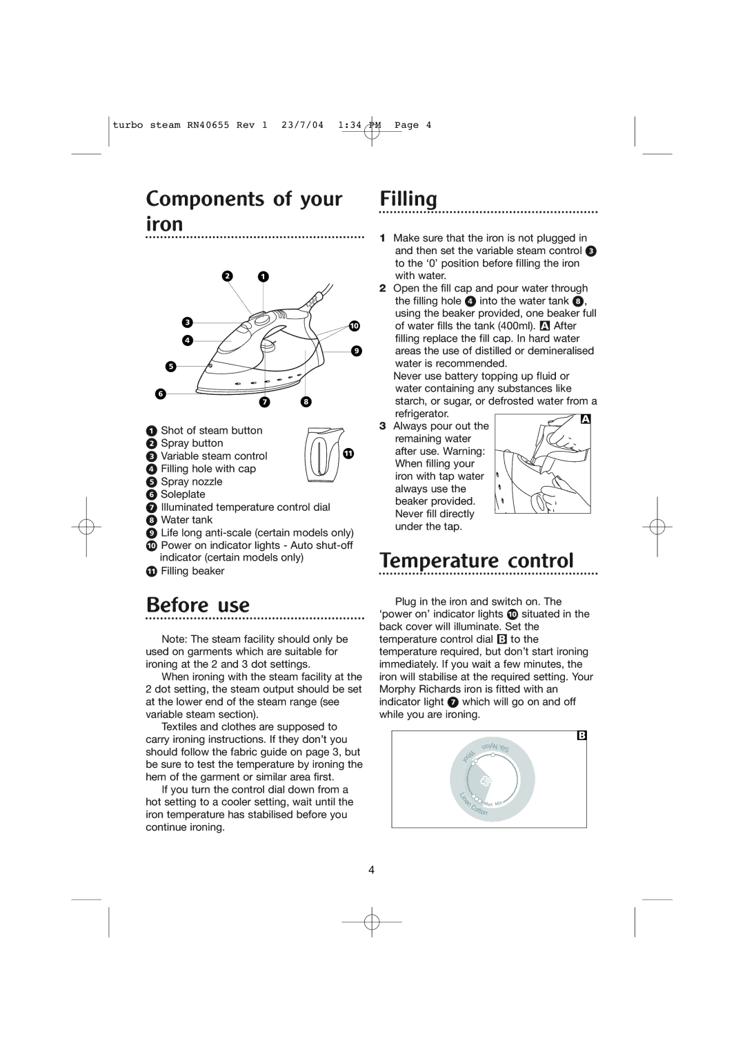 Morphy Richards Turbo steam iron manual Components of your iron, Before use, Filling, Temperature control 