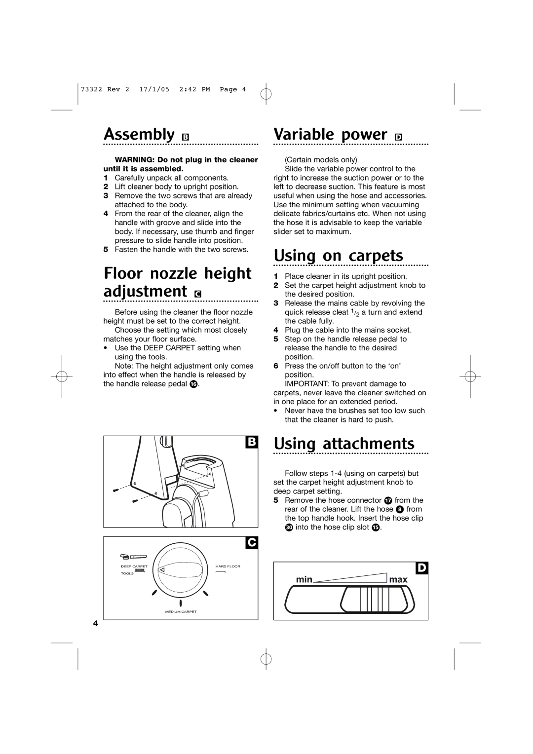 Morphy Richards Ultralight bagless vacuum cleaner manual Assembly B, Floor nozzle height adjustment C, Variable power D 