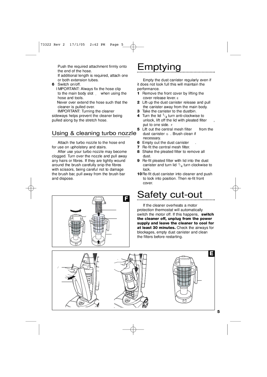 Morphy Richards Ultralight bagless vacuum cleaner manual Emptying, Safety cut-out, Using & cleaning turbo nozzle 