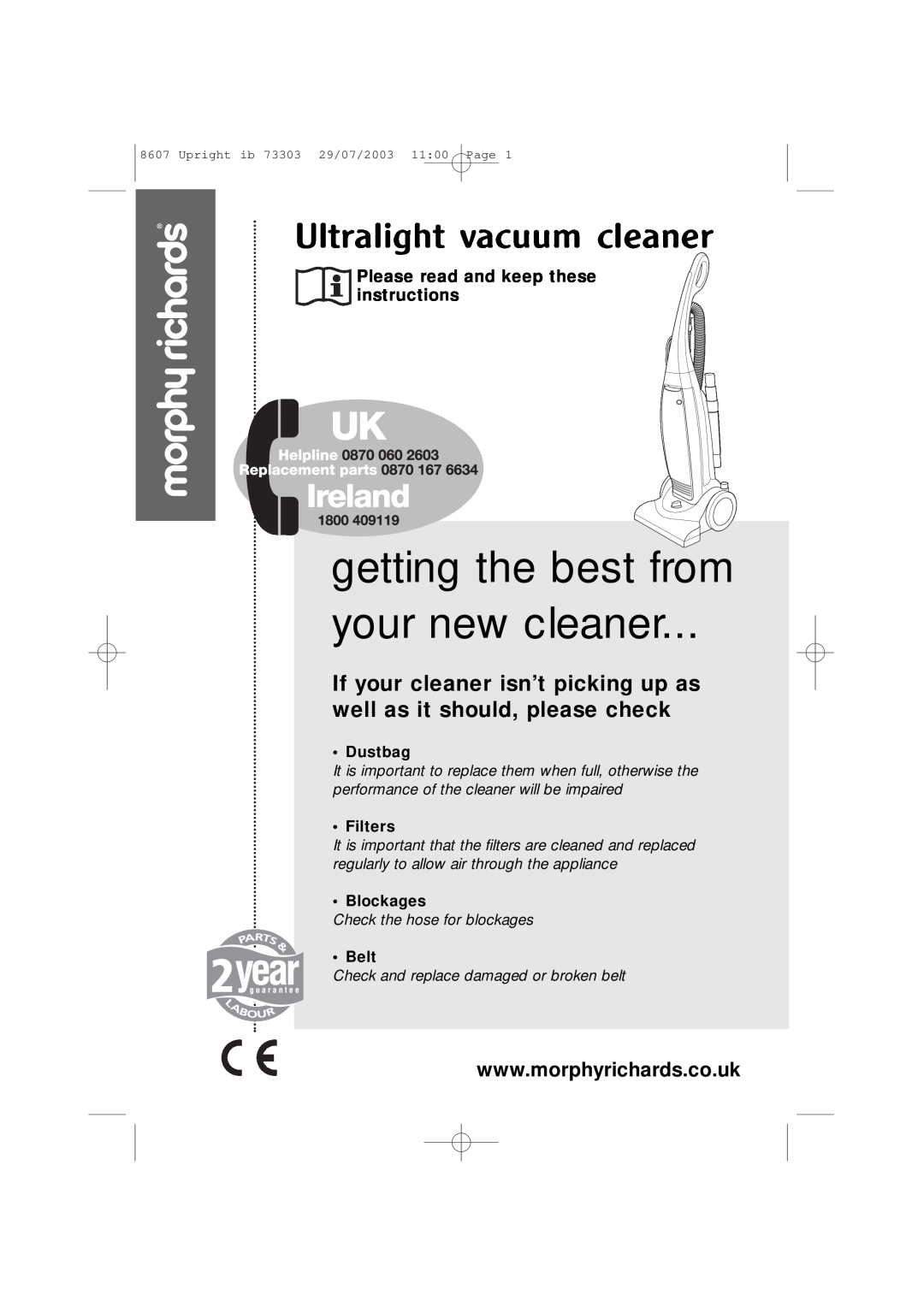 Morphy Richards Ultralight vacuum cleaner manual getting the best from your new cleaner, Dustbag, • Filters, Blockages 
