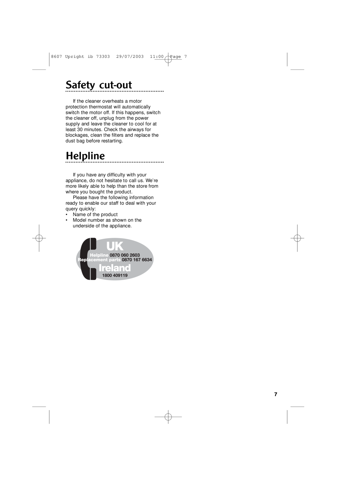 Morphy Richards Ultralight vacuum cleaner manual Safety cut-out, Helpline 
