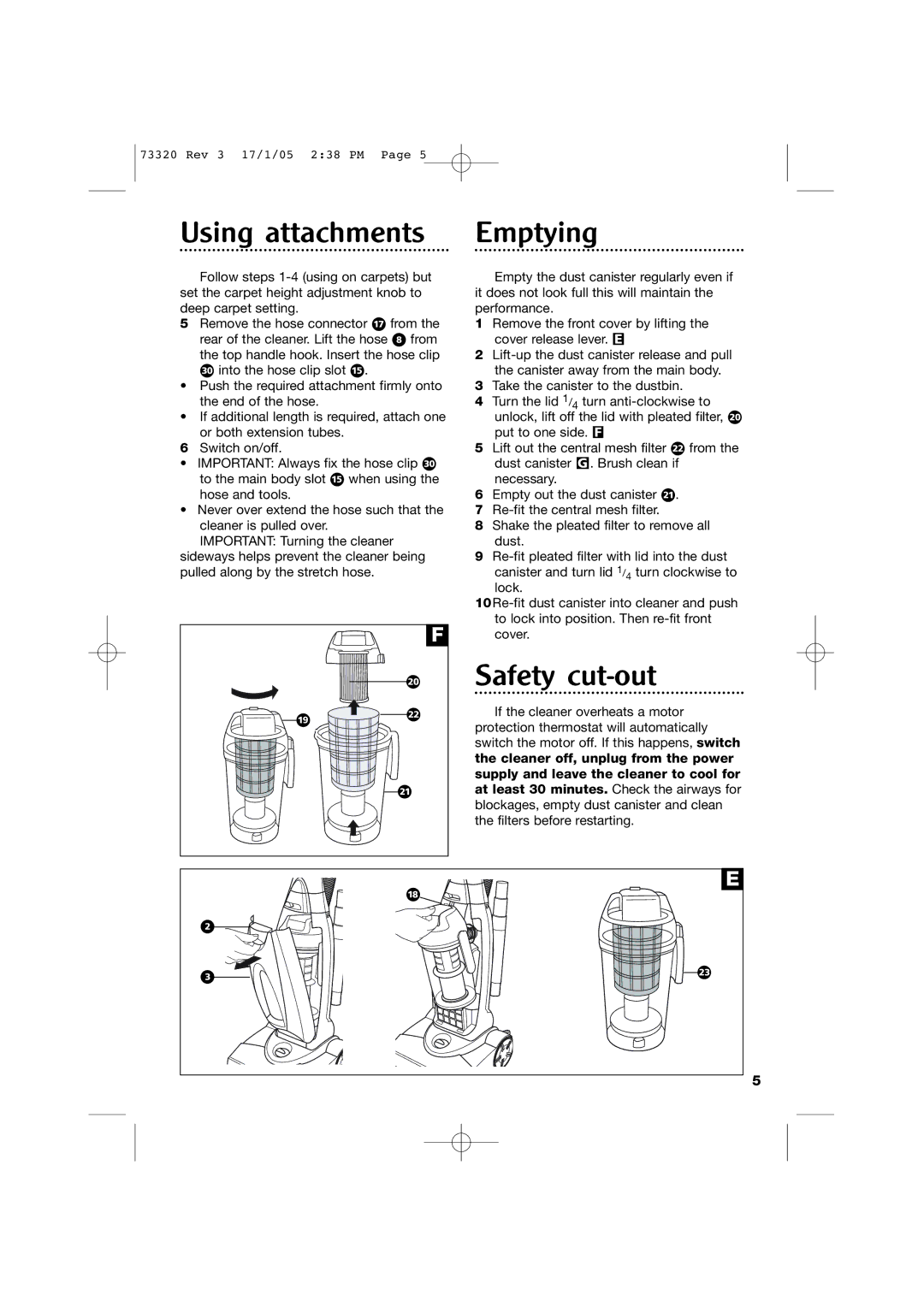 Morphy Richards Upright Bagless Vacuum Cleaner manual Using attachments Emptying, Safety cut-out 