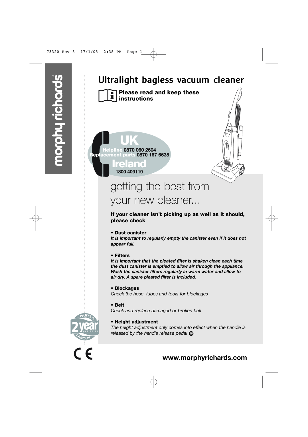 Morphy Richards Upright Bagless Vacuum Cleaner manual Dust canister, Filters, Blockages, Belt, Height adjustment 