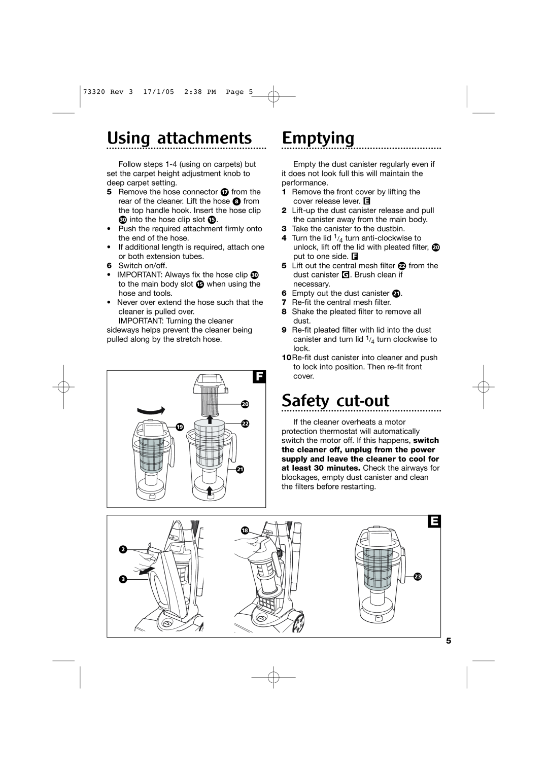 Morphy Richards Upright Bagless Vacuum Cleaner manual Using attachments, Emptying, Safety cut-out, Ì Ïô Ó 