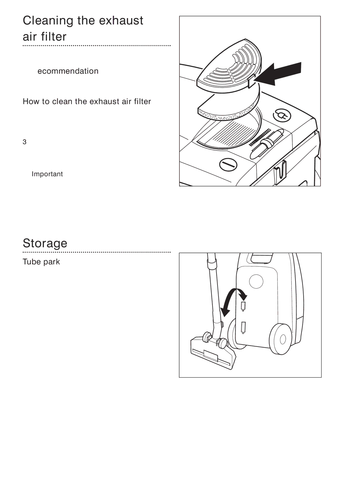 Morphy Richards Vacuum Cleaner manual Cleaning the exhaust air filter, Storage, Recommendation, Tube park 