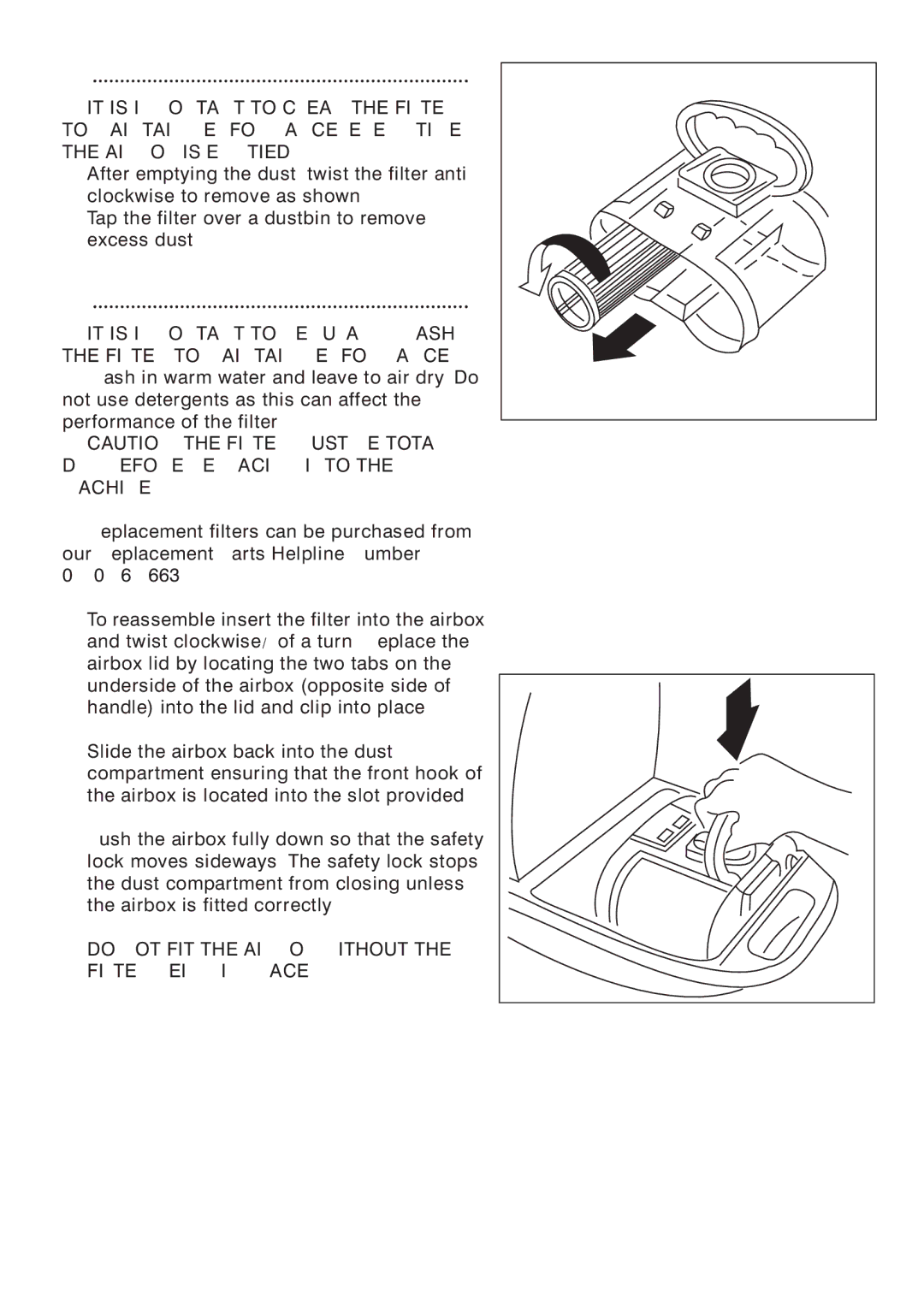 Morphy Richards Vacuum Cleaner manual Cleaning the airbox filter, Washing the airbox filter 