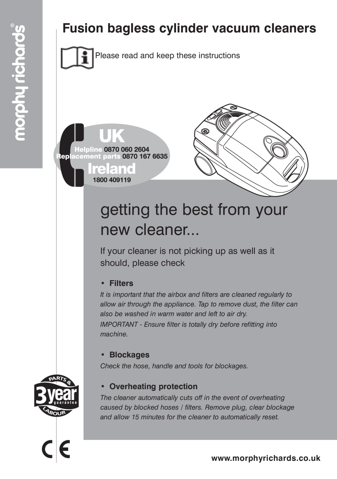 Morphy Richards Vacuum Cleaner manual Filters, Blockages, Overheating protection, getting the best from your new cleaner 