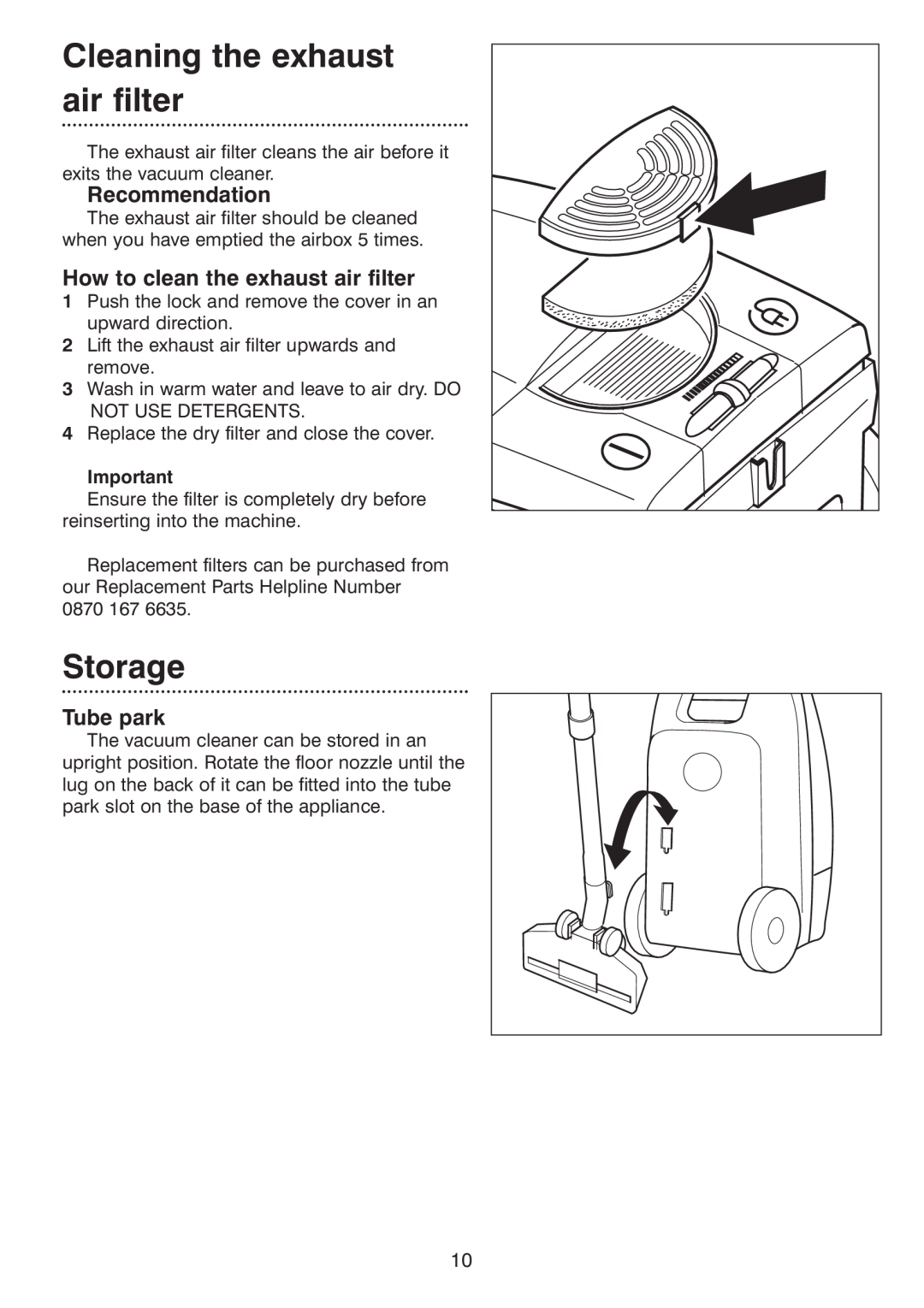 Morphy Richards Vacuum Cleaner manual Cleaning the exhaust air filter, Storage, Recommendation, Tube park 