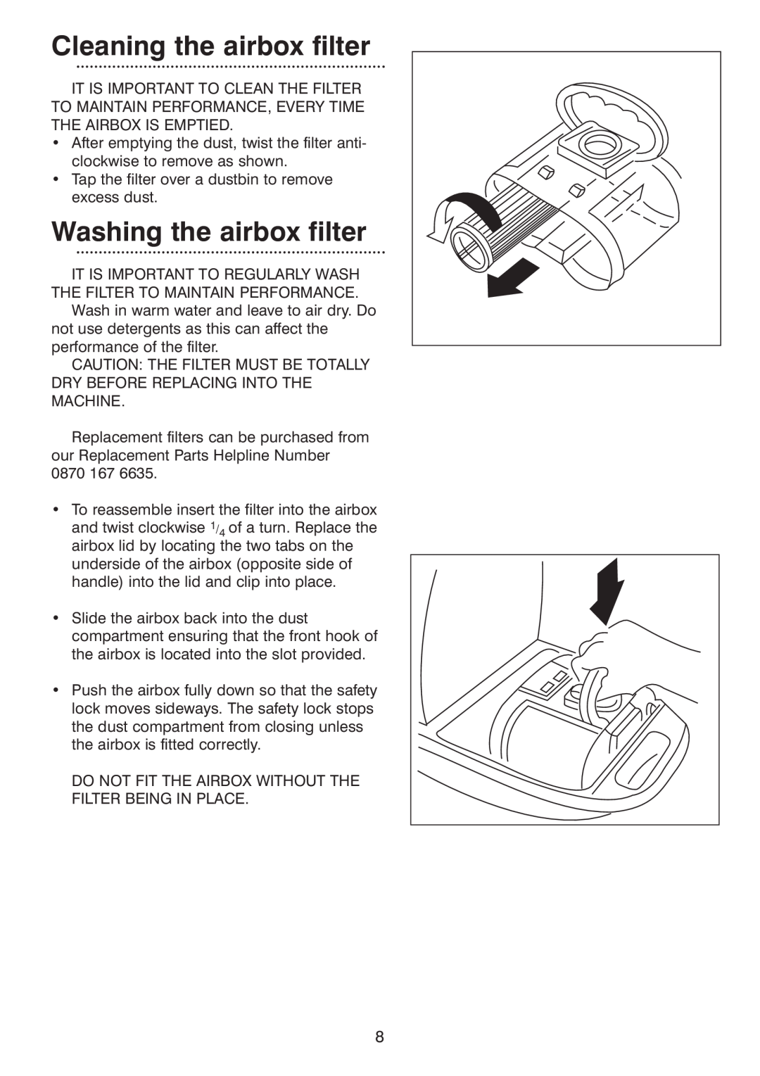 Morphy Richards Vacuum Cleaner manual Cleaning the airbox filter, Washing the airbox filter 