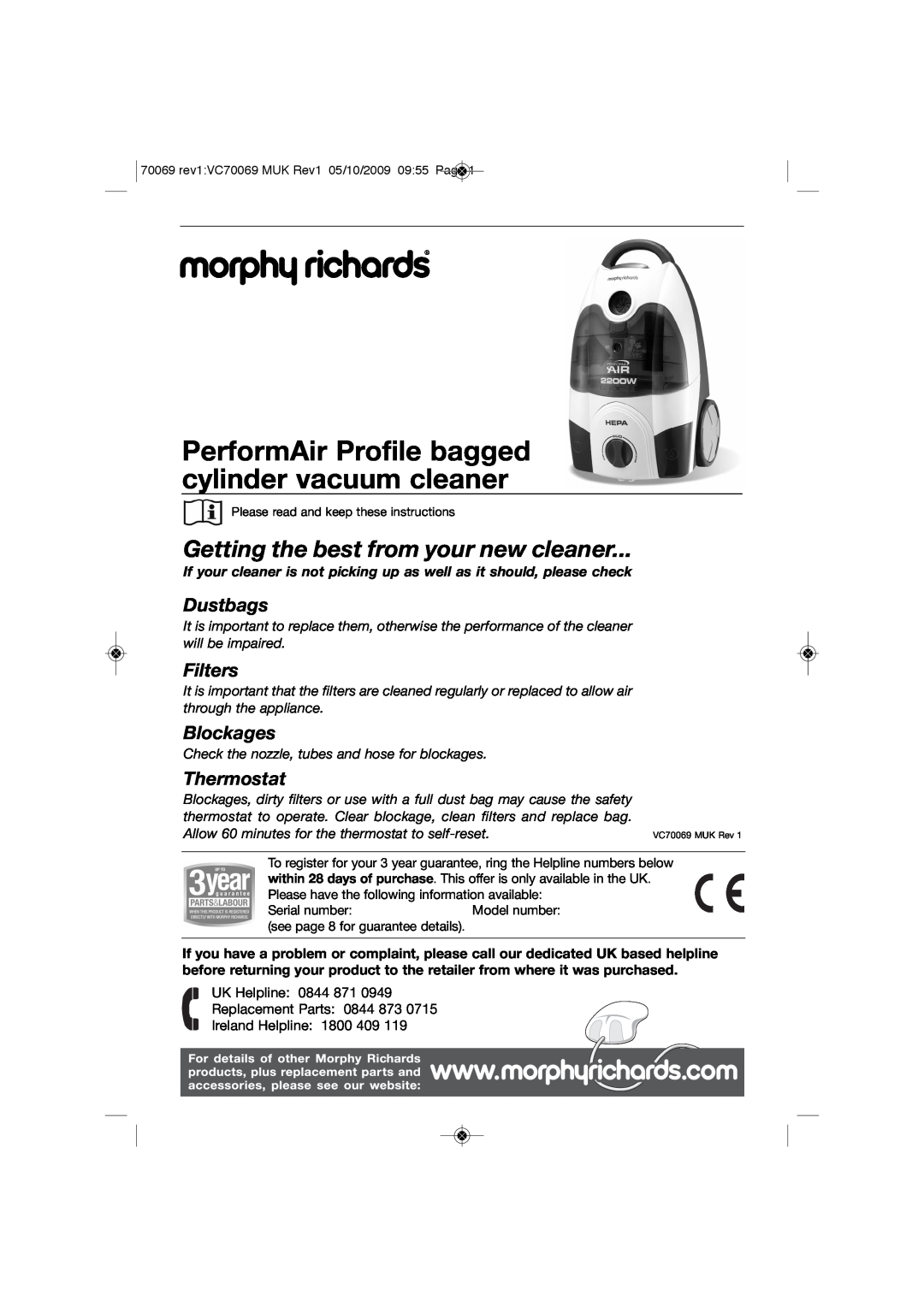Morphy Richards VC70069 MUK manual PerformAir Profile bagged cylinder vacuum cleaner, Dustbags, Filters, Blockages 