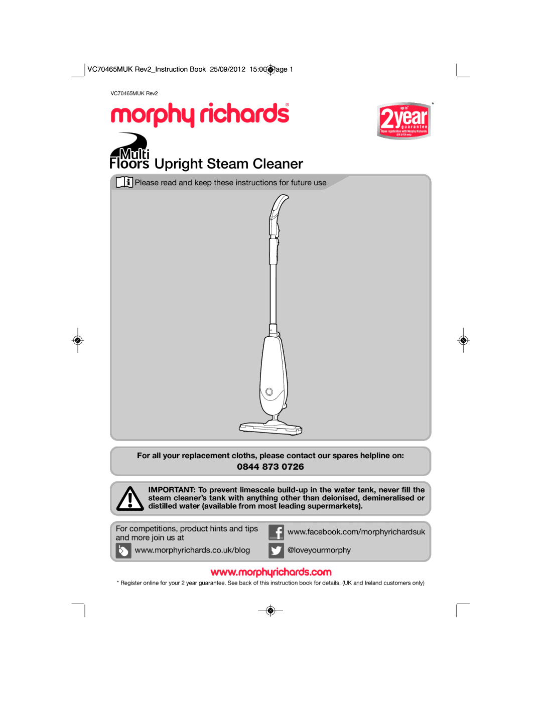 Morphy Richards VC70465MUK manual Upright Steam Cleaner 