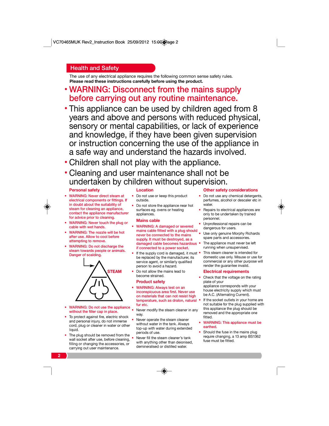 Morphy Richards VC70465MUK manual Health and Safety, Personal safety Location 