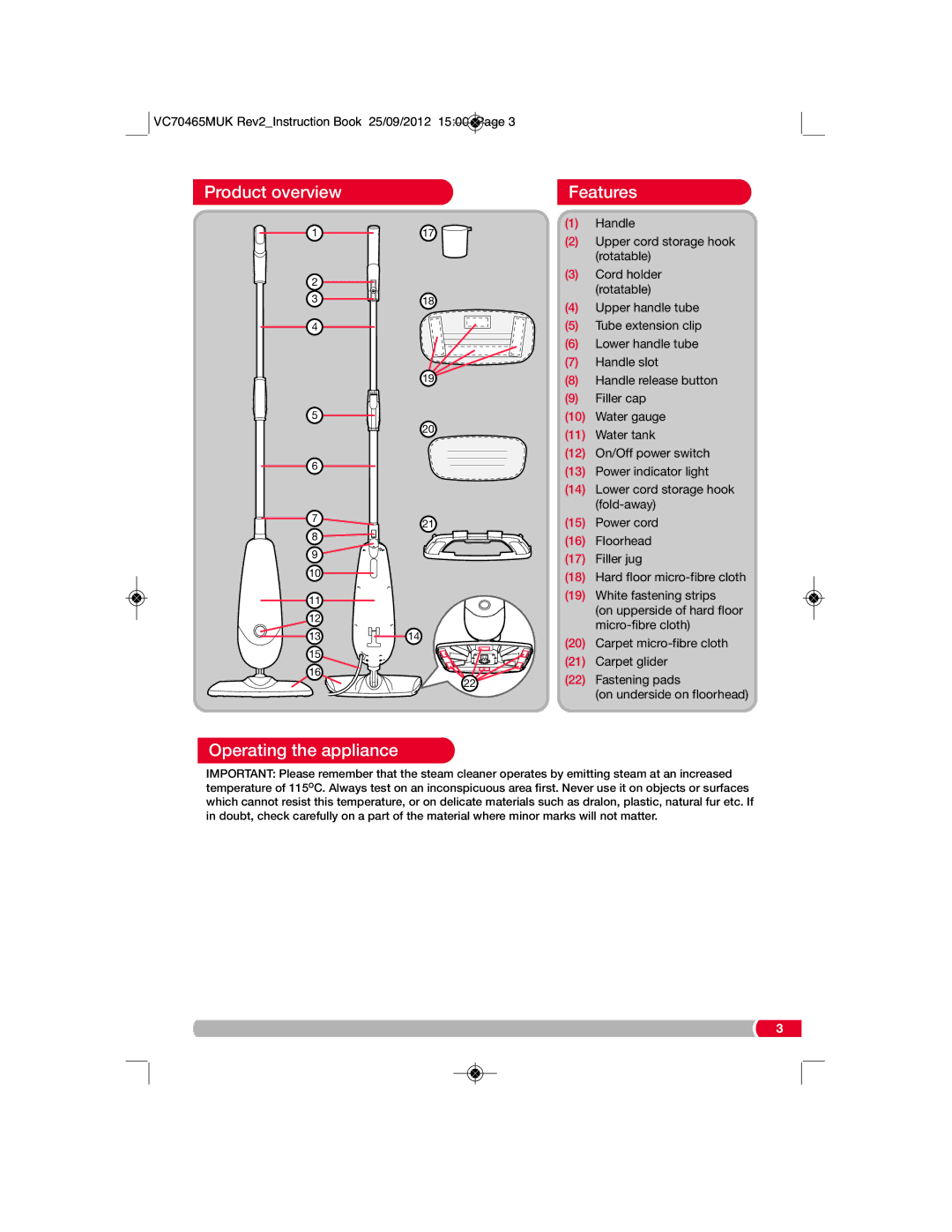 Morphy Richards VC70465MUK manual Product overview Features, Operating the appliance 