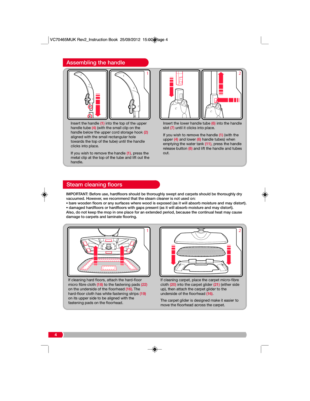 Morphy Richards VC70465MUK manual Assembling the handle, Steam cleaning floors 