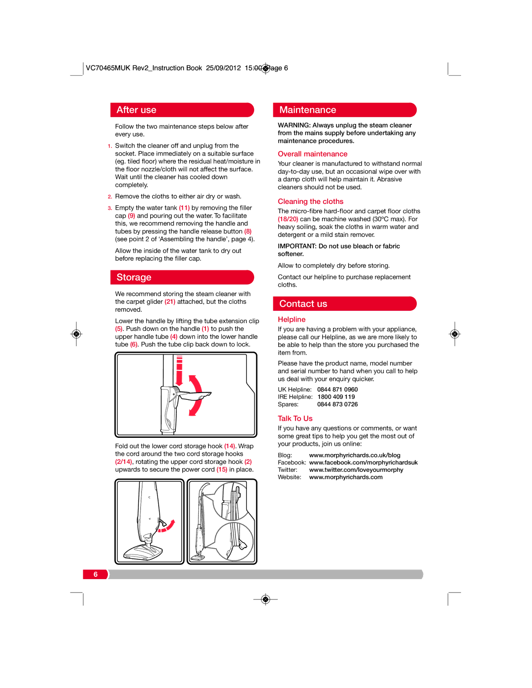 Morphy Richards VC70465MUK manual After use Maintenance, Storage, Contact us 